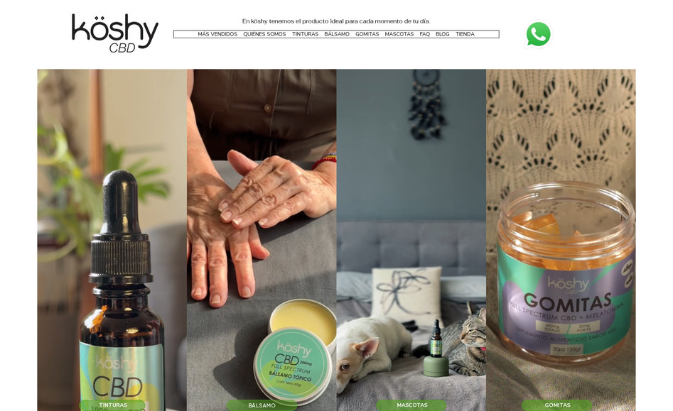 Köshy : Es un sitio que procura el bienestar de las personas con productos derivados de CBD. Tanto para personas como para mascotas, ofrecen productos para manejar mejor el estrés, dolores y enfermedades, tratadas con micro dosis derivadas de productos naturales. Quisimos reflejar un estilo de vida más tranquilo, saludables y sobre todo sin dolor. reflejamos el uso de los productos en segmentos de personas de diferentes edades y con diferentes actividades así como estilos de vida muy diferentes. Una tienda en línea con un diseño limpio y sencillo, con la información suficiente para comprar el mejor producto en base a tus necesidades.