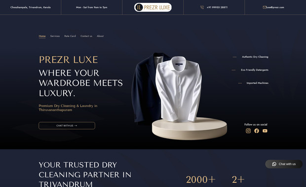 Prezr Luxe: We developed the entire prezrluxe.com website from scratch using Wix, including layout design, content creation, mobile optimisation, and on-page SEO. The project involved showcasing luxury garment care services with a premium look and feel, integrating booking options, and creating a visually elegant user experience aligned with the brand’s identity.