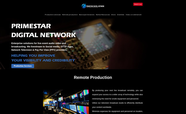 Primestar Digital Network: PrimeStar Digital Network provides enterprise-level live event production, remote broadcasting, and video-on-demand services to clients in South Florida and beyond. It offers end-to-end solutions including municipal livestreaming, sports, concerts, conferences, and equipment rentals.

The previous site under-communicated their wide-ranging capabilities, from outside broadcast trucks to multi-camera remote production solutions. Our aim was to create an engaging site that clearly demonstrates technical expertise and positions PrimeStar as the go-to partner for professional-grade livestreaming.

We built the new website using a clean, technical design aesthetic that emphasizes reliability and state-of-the-art equipment. The design features strong visuals of OB trucks, control rooms, and multi-camera setups, alongside clear service categories and pathways to book or request demos.