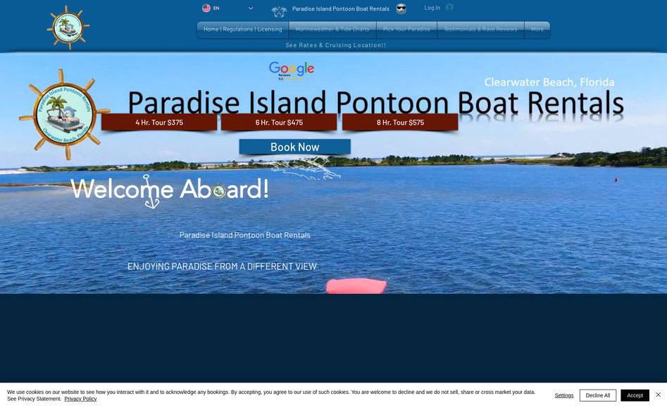 Paradise Island Pontoon Boat Rentals: New design & creations of branding of Clearwater Beach tourist destination recreation rental establishment. Logo design, video, content, SEO strategy and website management. 
