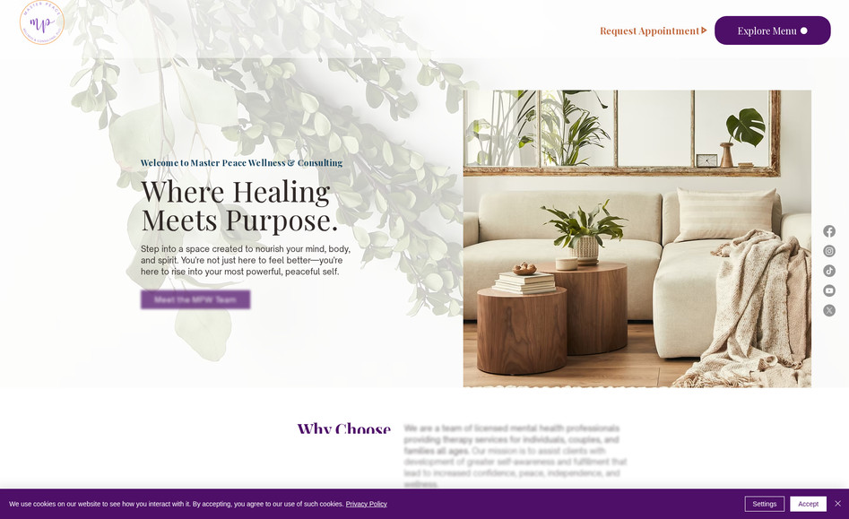 Master Peace Wellness: Designed in WIX editor, this website includes a  custom CMS feature that captures the great works and expertise of each therapist a part of the MPW team. The CMS function allows the owner to make changes in a CRM setting on the back-end of WIX, without having to worry about disrupting the design elements on the website. The site has dynamic transitions and movement that give consumers a warm and inviting feeling, while also capturing its ability to be flexible toward consumer needs. 