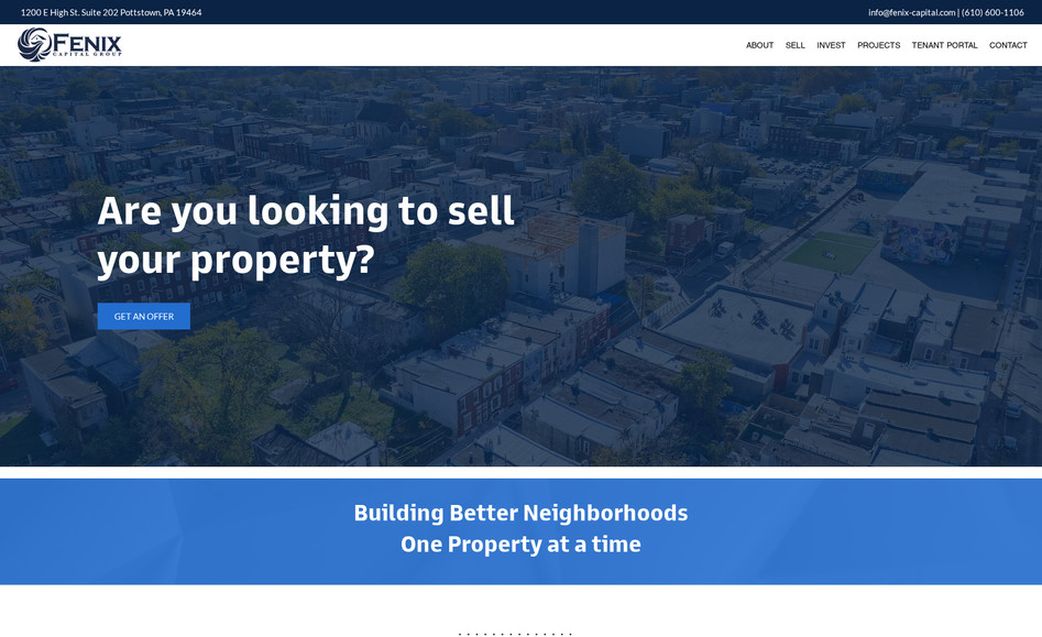 Fenix PG: Fenix Property Group  - WORDPRESS MIGRATION, REDESIGN, SEO
Slow load times, a dated design, and lacking core functionality for their business and visitor. We helped Fenix PG modernize their website, built a scalable property system,  and achieved immediate SEO improvements

RESULTS
- Realized an average of 3rd page rankings on Google after just 1 month since the migration (from page 10+ on WordPress)
- Customized, scalable property system using Wix Dynamic Pages
- Fenix now self manages their website instead of having to pay a developer for every little change