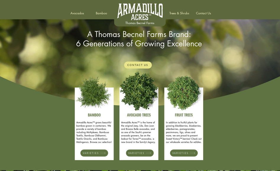 ARMADILLO ACRES: Bold, rooted, and growing ever upward — Thomas Becnel Farms / Armadillo Acres blooms into its digital presence with purpose. Midnight Boheme wove family heritage, agricultural craft, and product diversity into a design that feels both grounded and expansive. The site features rich plant imagery, lush varieties like bamboo and avocados, and narrative cues about generational legacy. Structured layouts and clear sections guide visitors through nursery catalogs, brand story (e.g. Armadillo Acres™), and contact for wholesale customers. The digital identity carries the weight of six generations while opening paths for growth, inviting visitors to explore, trust, and partner with the farm’s living legacy.