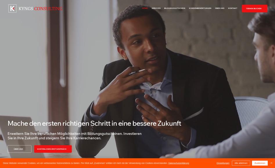 Kyngs Consulting: Für KyngsConsulting, einen Vermittler für Berufsweiterbildungen, wurde eine professionelle und übersichtliche Website entwickelt, die Interessenten schnell und einfach zu passenden Weiterbildungsangeboten führt. Die klare Struktur und das moderne Design sorgen für eine intuitive Nutzererfahrung. Wichtige Informationen zu den angebotenen Schulungen und Fördermöglichkeiten sind übersichtlich dargestellt, während eine Kontaktseite eine unkomplizierte Beratung ermöglicht. Die Website unterstützt KyngsConsulting dabei, Fachkräfte gezielt mit den richtigen Weiterbildungsmaßnahmen zu verbinden.