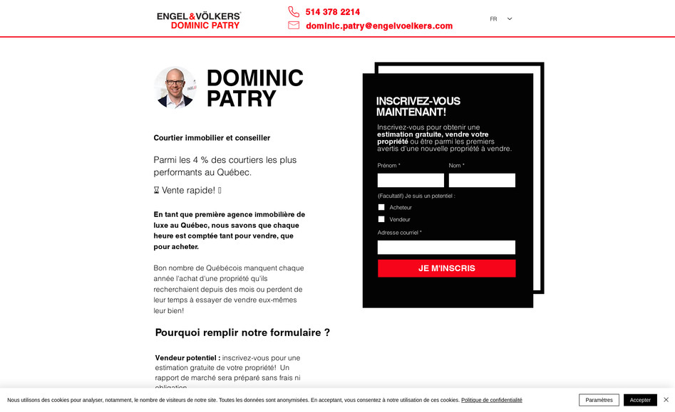 Engel & Volkers immobilier: Création d'une landing page pour les campagnes de publicité numérique de Dominic Patry. Dominic fait partie des meilleurs agents immobiliers du secteur du luxe au Canada. 