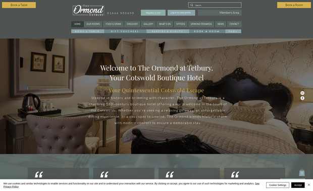 The Ormond: Complete redesign of this iconic Cotswold hotel website. As well as accommodation, food & drink I added a complete Loyalty Rewards system using the Wix Loyalty app, and the Wix Events app is used to update regulars on what's happening.