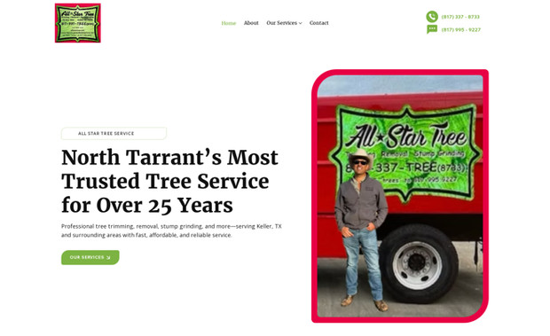 All Star Tree: A local service-focused website for a 25-year-established tree care company in Keller, Texas, designed to capture leads from North Tarrant County homeowners seeking professional tree services. Built on Wix, the site emphasizes trust, local expertise, and direct owner communication to differentiate from larger corporate competitors.