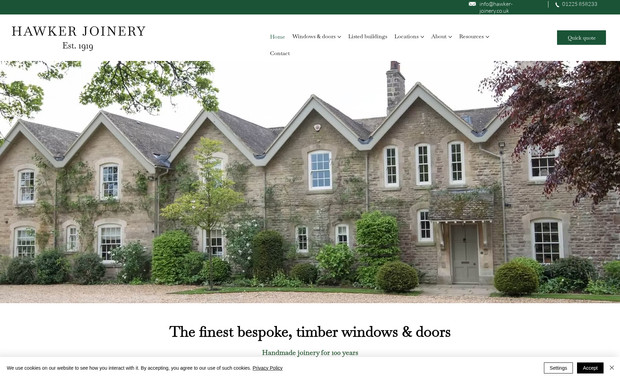 Hawker Joinery: Built website from scratch, page for each product and seperate contact form for each with 'Quick Quote' requests. Then launched with SEO package and achieved first page positions for all locations and hundreds of related keywords 