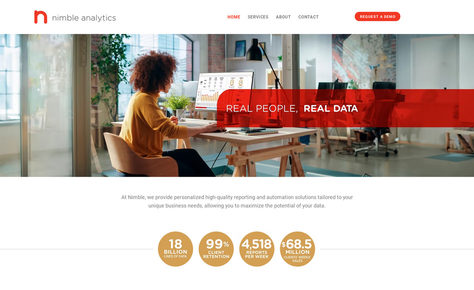 Nimble Analytics: We did a full redesign for this site.  We started by improving the logo and developing the brand further by adding a color palette, fonts, brand voice and patterns. We then redesigned and built the site from top to bottom, which included reorganizing and rewriting content, creating many custom branded images from stock photos, improving headshot photos and making a playful display of the bios, writing a new tagline, and redesigning their software interface to match the new brand and look much better. 