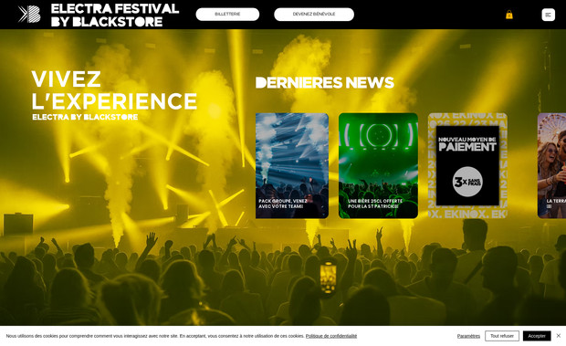 ELECTRA FESTIVAL by BLACKSTORE: Un site en mouvement pour un Festival Electro qui monte, qui monte ...

Réalisé avec Wix Studio. 
+ Prestation codage pour fonctionnalités particulières sur pages dynamiques (gestion évènements futurs/évènements passés...)