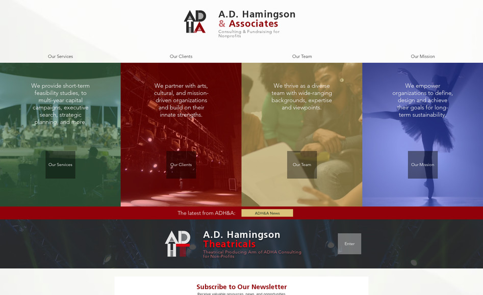 ADH&A: Full custom template; branding, logo, copy, video and image design, full service; interactive page and portals. 