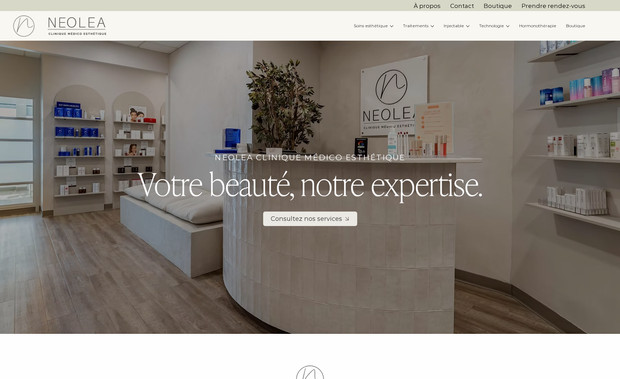 NEOLEA: J’ai conçu le site Web de Neolea, une clinique médico-esthétique moderne, afin de refléter leur expertise et leur approche professionnelle. Le site met en avant leurs services variés – tels que l’analyse cutanée Visia, les traitements IPL, Sheerwave et bien plus – tout en offrant une navigation fluide et intuitive. J’ai travaillé un design épuré, élégant et rassurant, en harmonie avec l’image de confiance et de bien-être que la clinique souhaite transmettre. Chaque page a été pensée pour optimiser le référencement (SEO) et mettre en valeur les appels à l’action.