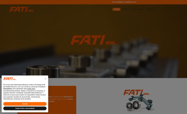 Fati srl: Per lo sviluppo del sito sono stati analizzati trend e parole chiave legate a cuscinetti a sfera, trasportatori aerei e catene. È stata condotta un'analisi UX per valorizzare prodotti e fotografie interne. I testi forniti dal cliente sono stati rivisti in ottica SEO per migliorarne il posizionamento. Infine, è stato attivato un sistema di monitoraggio del traffico per analizzare le performance e ottimizzare la presenza online.
