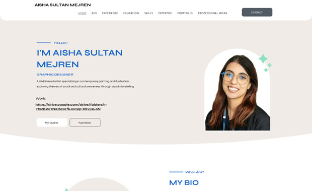 Aisha Sultan Mejren: I designed and developed the Aisha Sultan Mejren personal portfolio website, creating a clean and elegant layout that beautifully showcases the artist’s bio, skills, experience, and portfolio. It presents her contemporary painting and illustration work with intuitive structure and responsive design tailored to elevate her creative professional presence online.