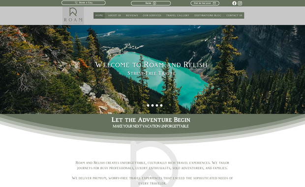 Roam and Relish: Complete branding package with website and logo development for a boutique travel agency.