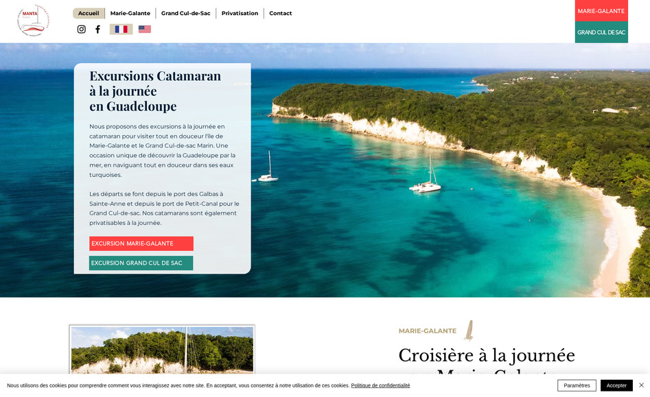 Manta Evasion: - Définition du contenu du site internet
- Création, configuration et remplissage du site
- Paramétrage des billeteries en ligne
- Adaptation au fur et à mesure de l'évolution de l'entreprise vers de nouveaux services
- Propositions d'amélioration et nouvelles idées business
MANTA EVASION est devenu la référence pour les allers-retours à la journée en catamaran en Guadeloupe vers Marie-Galante et dans le Grand Cul-de-sac-Marin. Le site internet est idéalement adapté à la demande touristique.