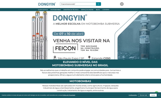 Dongyin: Website Institucional com uso de CMS para criação de catálogo de produtos utilizando páginas dinâmicas, iframe de simulação de dimensionamento de motobombas, download de catálogo digital, integração com RD Station e plataformas Google para campanhas de tráfego.