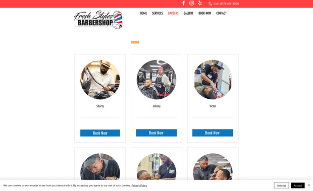 Freshstyles Barber Shop: Website for barber shop featuring profiles for multiple barbers with booking capability. Website also includes photo gallery, contact info, and pricing. 