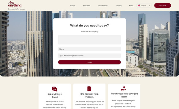 Ask Anything: I designed and built the AskAnythingDXB website with a clean, easy-to-use layout that helps people quickly find useful answers about Dubai. The focus was on smooth navigation, clear content, and a friendly experience across all devices.