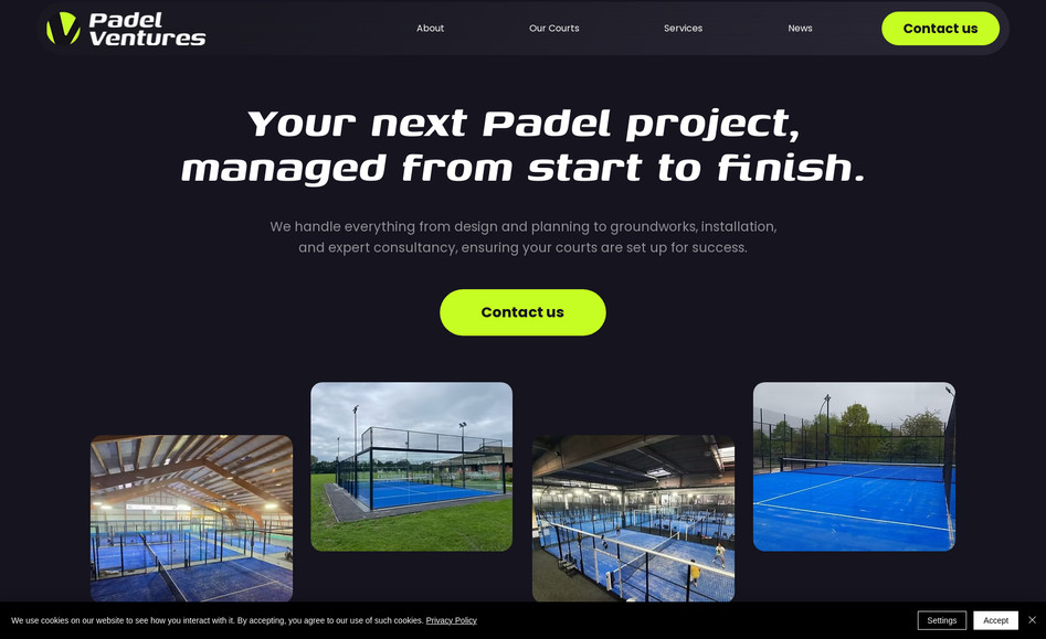 Padel Ventures: Padel Ventures install padel courts across the UK as the exclusive distributor of Padel Lab courts. I designed their website.