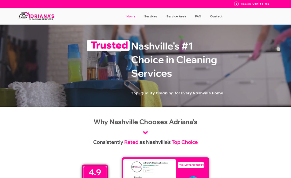 Adriana's Cleaning: Adriana’s Cleaning is Nashville’s #1 choice for residential and commercial cleaning, and the website needed to reflect that. The services are organized in a clear way, from deep cleaning to moving services, with a design that builds trust and makes booking simple. A site that matches the company’s reputation and makes the client journey effortless.