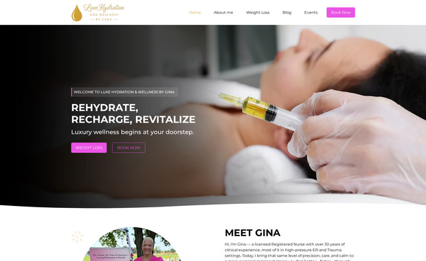 Luxe Hydration And Wellness by Gina: Luxe Hydration & Wellness by Gina is a concierge wellness service based in Wilmington, Delaware, founded by Gina, a licensed Registered Nurse with over 30 years of clinical experience. The goal was to design a digital experience that feels both luxurious and medically professional, allowing clients to access personalized IV hydration, weight loss support, and wellness care right at their door.

The original site lacked emotional storytelling, clear service flow, and fine visual hierarchy. We set out to create a polished, inviting site on Wix Studio that reflected the premium nature of the service while making booking, pricing, and treatment benefits unmistakably clear.

With a color palette inspired by hydration tones and clean, medical typography, the entire site was structured to guide visitors from understanding services to booking with confidence, all while mirroring the founder's compassionate clinical approach.