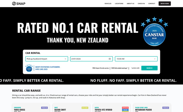 Snap: Car hire in New Zealand has never been this easy - jump in, rev up, and soak in Aotearoa with Snap. In partnership with the dynamic team at Snap Rentals, we've crafted and launched their incredible new website, showcasing the best of car hire in NZ!