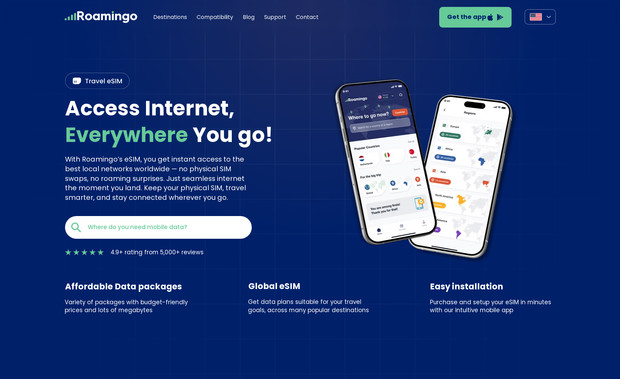 Roamingo: eSIM provider website with all the features it needs.