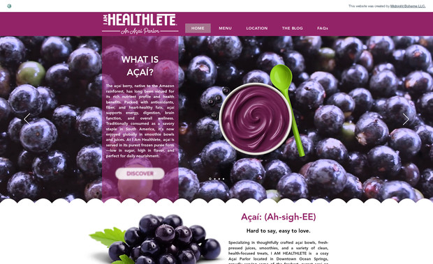 I Am Healthlete: Bright, fresh, and approachable — the I Am Healthlete website reflects the café’s wellness-driven spirit from the very first scroll. Midnight Boheme emphasized clean design, crisp imagery, and uplifting messaging to showcase açaí bowls, juices, and community values. The result is a digital experience that feels as energizing and nourishing as the brand itself.