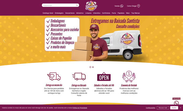 Shopping Embalagens: Website modelo catálogo (sem venda online) com cadastro de produtos via banco de dados (CMS) onde o cliente pode gerenciar os produtos (adicionar, ativar, ocultar, editar, excluir). Objetivo do site é direcionar os leads para o WhatsApp comercial da empresa.