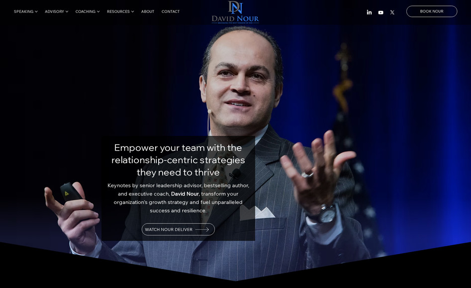 David Nour: Complete redesign, branding update and content update. Created custom icons, logos, images and style vales to increase David Nour online influence.  