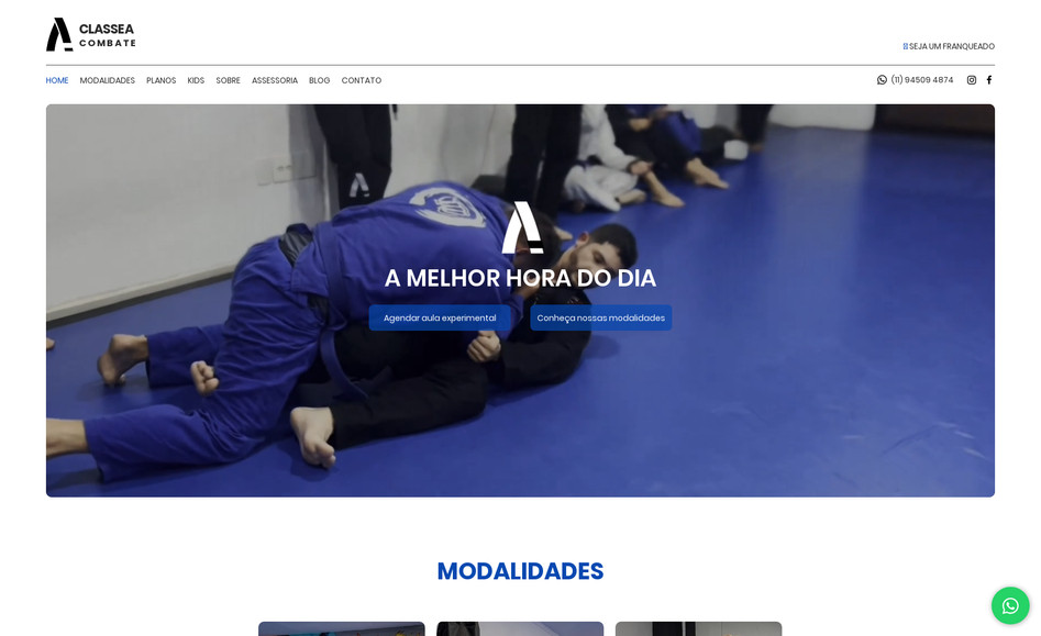 CLASSE A COMBATE: Website desenvolvido para CLASSE A COMBATE, uma escola de artes marciais localizada em São Paulo.