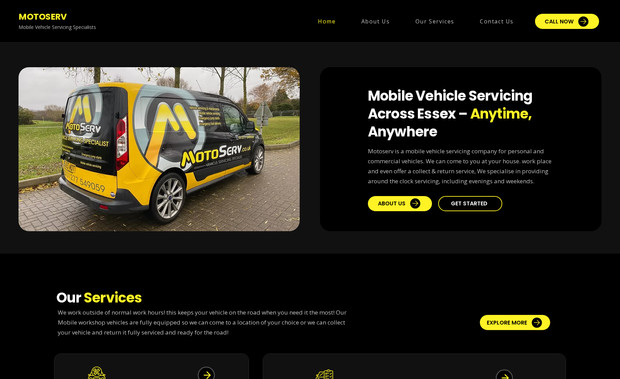 Mobile Vehicle : I designed and built the Motoserv website to give riders a clear, trustworthy place to find bike servicing, repairs, and support. The focus was on making the site easy to navigate, with clean visuals and simple access to the services and info riders need.