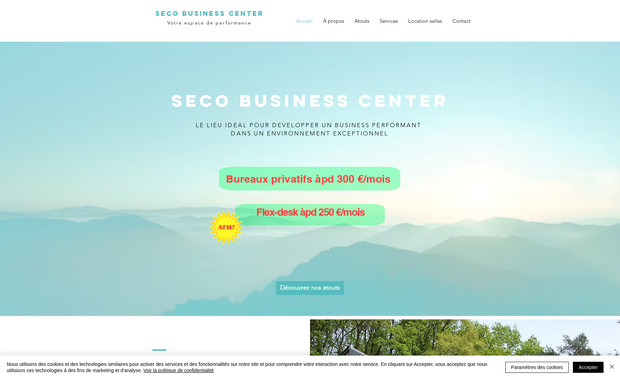 Seco Business Center: Accompagnement sur mesure pour optimiser la présentation du business center et son offre de location de salles. Conseils sur l’ergonomie, le design et la mise en avant des services. Le site, créé par le client, a bénéficié d’un suivi personnalisé pour améliorer son impact visuel et son efficacité commerciale.