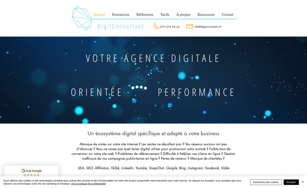 DigitConsultant: Notre site qui présente notre agence suisse à Lausanne, spécialisée en acquisition digitale  et création de site internet sur Wix.

Site internet, réseaux sociaux, vidéos et images promotionnelles, campagnes organiques et publicités sponsorisées, nous élaborons ensemble votre stratégie digitale 360°.