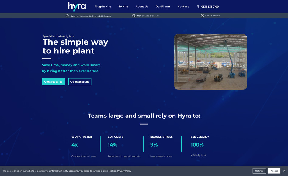 Hyra: Hyra UK — a modern, professional website designed for a plant hire service across the UK.
The project focused on creating a clean, intuitive user experience, allowing customers to quickly browse, quote, and hire equipment online. Emphasis was placed on strong branding, clear calls to action, and seamless navigation both on desktop and mobile devices.