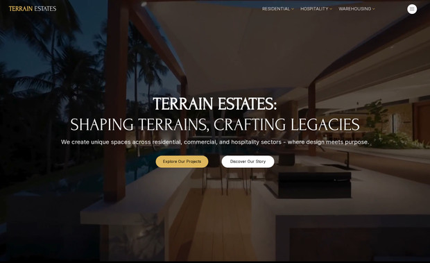 Terrain Estates: Terrain Estates is a real estate brand focused on developing premium plotted communities and nature-inspired residential spaces. The objective of this project was to create a refined and visually engaging website that communicates the brand’s premium positioning while making it easy for prospective buyers to explore projects and connect with the team.

The website was designed and developed on Wix Studio, with a strong emphasis on responsive design, modern layout structure, and intuitive navigation. The design approach focused on clean typography, strong visual storytelling, and strategically placed call-to-actions to guide visitors toward key actions such as exploring projects, understanding the brand vision, and scheduling site visits.

Special attention was given to presenting projects in a visually compelling manner while ensuring the site remains fast, structured, and easy to navigate across all devices. The Wix Studio CMS was implemented to allow the client to easily manage project updates, content additions, and future expansions.

The result is a polished and conversion-focused digital presence that supports Terrain Estates’ marketing initiatives while strengthening brand credibility in the real estate market.

Platform: Wix Studio
Industry: Real Estate / Property Development
Key Focus: Responsive design, project showcase, brand positioning, and lead generation.