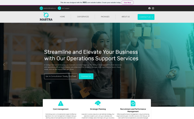 Mastra: Website for Mastra, which is a consultancy firm dedicated to helping businesses optimize their operations and achieve their goals. Example of a clean, modern and professional website with 4-5 pages having packages and contact sections as well.