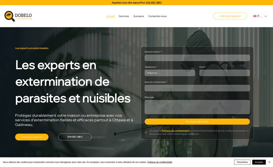 Dobelo Extermination: L'objectif du mandat

L'objectif de notre mandat pour Dobelo Extermination était de créer un site web entièrement refait et optimisé pour la conversion de leads. Le client souhaitait lancer des campagnes publicitaires, mais leur site existant n'était pas du tout optimisé pour la conversion. Nous avons donc conçu un nouveau site web axé sur la conversion, permettant de maximiser les opportunités de génération de leads. En plus de cela, nous avons optimisé leur référencement SEO sur Google afin d'améliorer leur visibilité en ligne et d'attirer davantage de clients potentiels. Ce projet visait à renforcer leur présence numérique et à dynamiser leur activité grâce à une meilleure performance en ligne.

Notre approche

Nous avons adopté une approche stratégique pour répondre aux besoins spécifiques de Dobelo Extermination. L'objectif principal de notre mandat était de refaire entièrement leur site web afin de l'optimiser pour la conversion de leads. Nous avons conçu un site web moderne et performant, offrant une navigation fluide et incitant les visiteurs à prendre contact rapidement.

En plus de la refonte du site, nous avons fourni des conseils stratégiques pour améliorer leur référencement SEO sur Google. Ces recommandations incluaient des techniques pour optimiser le contenu et la structure du site, afin d'attirer un plus grand nombre de clients potentiels. Grâce à cette approche, Dobelo Extermination est désormais équipé d’un site web performant qui maximise ses opportunités de vente et renforce sa présence en ligne.