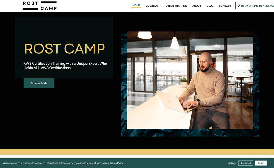 Rost Camp: Website redisign for a mentor Rost Camp company. Custom web design, online services, online booking,  payment processing, ZOOM integration, forms, testimonials, SEO setup, Google Search Console connection. Located in the Netherlands.