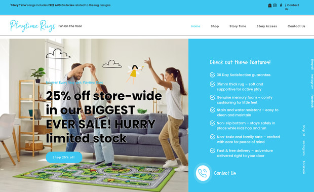 playtimerugs: E-commerce website designed for a kids’ play rug brand with a playful yet professional User Interface to highlight products and benefits. Here are the few works that are included here:

- Modern layout with strong design aesthetics for showcasing best sellers.
- Fully mobile-responsive design optimized for smooth performance across devices.
- Integrated eCommerce functionality with cart, secure checkout, and promotional codes.
- Customized graphics and visuals aligned with brand identity.
- Logical CTAs guiding users to products, offers, and community initiatives.
- UI/UX rich design focused on trust, conversions, and engaging shopping experiences.