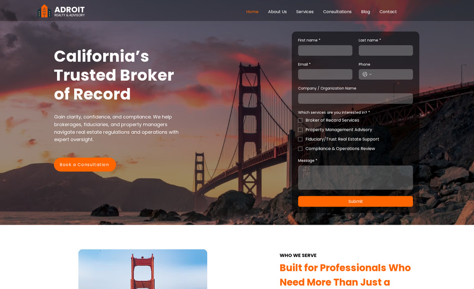 Adroit Realty & Advisory: This is my client Jonathan Fleming's project. I first designed the site on Figma and then developed it on Wix. We transformed it into a more visually appealing, modern, and user-friendly website. 