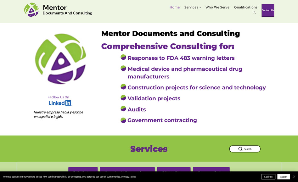 Mentor Documents and Consulting: Designed and developed website. Added content and animation. Laid out complex content in a single page for easy viewing.