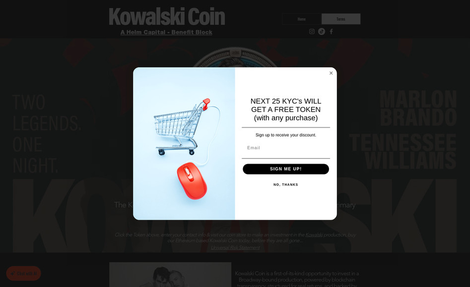 KOWALSKI COIN: The site was developed on Wix Studio with animated transitions, video teasers, and a sticky coin store button. Each section flows like a stage scene, with added elements for credibility such as SEC notes, social links, and embedded media.

