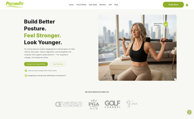 Get Posture Fit: Posturefit Bar is an active posture system designed by a chiropractor to help reduce neck pain, restore alignment, and strengthen the muscles that support great posture. I have redesigned their website to be more converting and user friendly. 