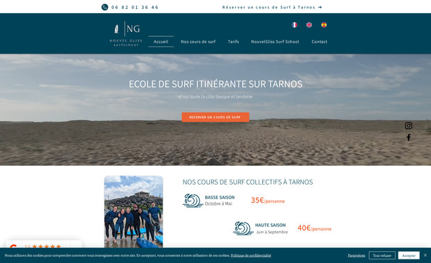 Nouvelgliss: Site de surf, Nouvelgliss Surf school, est un site vitrine montrant les prestations de son business