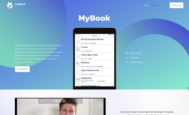 MyBook: MyBook is a digital solution designed to streamline the audition preparation process for performers by organizing sheet music and audio tracks in one accessible platform. I led the end-to-end design of the website, crafting a responsive, mobile-friendly experience that reflects the app's mission to modernize audition materials. 

The site features custom graphics and subtle animations that enhance user engagement while maintaining a clean and professional aesthetic that aligns with MyBook's established branding.