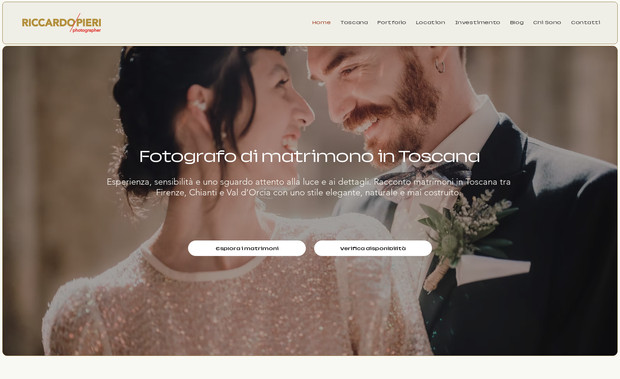 riccardopieri.it: riccardopieri.it è il sito ufficiale dedicato al mercato italiano del brand Riccardo Pieri, fotografo di matrimoni in Toscana.

Il progetto è stato sviluppato su Wix Studio con un approccio strategico completo, unendo posizionamento, SEO e identità visiva. L’obiettivo era creare una piattaforma elegante e autorevole capace di attrarre coppie italiane e rafforzare la presenza digitale del brand nel settore wedding.

Nel dettaglio il lavoro ha incluso:

• Definizione della struttura strategica del sito
• Creazione di pagine pilastro e venue page ottimizzate SEO
• Sviluppo di un blog editoriale orientato al posizionamento organico
• Ottimizzazione tecnica per performance e indicizzazione
• Gerarchia chiara H1 H2 H3 e struttura copy ready per Wix Studio
• Integrazione strumenti di monitoraggio e analytics
• Design minimale focalizzato sull’impatto fotografico

Il sito rappresenta un progetto di branding digitale avanzato, in cui fotografia, marketing e strategia SEO lavorano insieme per generare traffico qualificato e richieste mirate.