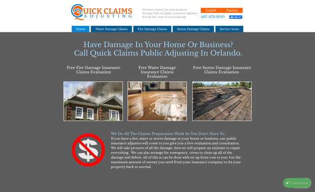 Quick Claims – Insurance Claims Assistance: **Industry:**
Insurance claims and property damage assistance

**What I did:**
Wrote and designed a Wix website focused on explaining complex services clearly while supporting SEO and lead generation. All pages have Spanish versions.

**Strategy:**
Service pages were structured to match high-intent search queries and build trust quickly.

**Why this matters:**
Demonstrates how clear copywriting improves conversions in complex service industries.
