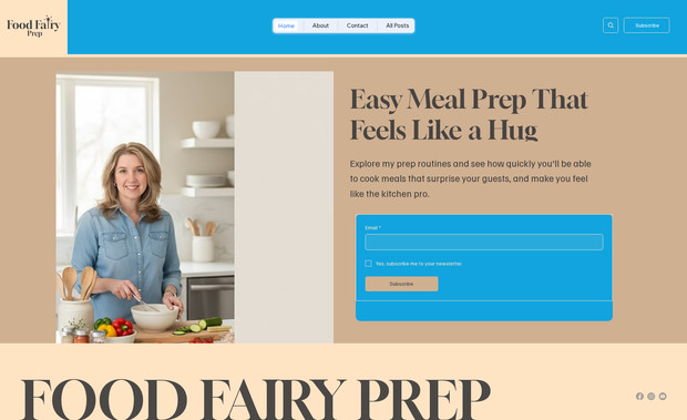Food Fairy Prep: Food Fairy Prep is a playful, conversion-focused recipe blog we designed for a home cook who wanted her site to feel like a friendly kitchen, not a food magazine. We built a clean, scroll-friendly layout with a hero section that pairs a wide lifestyle image with a clear email sign-up, intuitive category navigation (Meal Prep, Easy Recipes, Desserts, Second Sunday), and a searchable recipe library that’s easy to explore on any device. Throughout the site, we leaned into the “fairy” concept with light, magical touches in the copy and visuals, while keeping the UX extremely practical: readers can quickly find what to cook, save favorites, and join the newsletter without friction. The result is a personal food blog that feels inviting, branded, and ready to grow as more recipes are added.